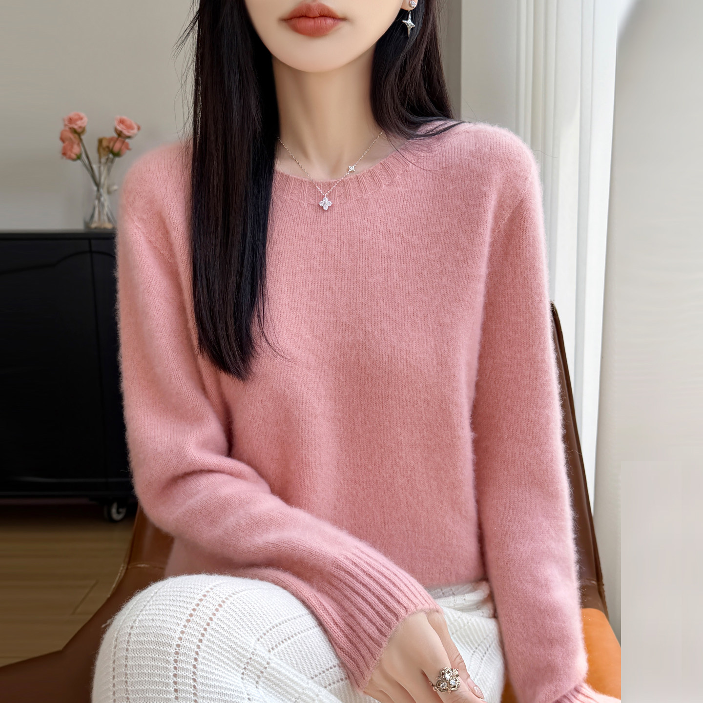 100%纯羊毛衫女圆领加厚打底毛衣