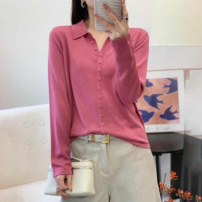 26新款POLO领精纺羊毛开衫女翻领衬衫针织长袖毛衣宽松外套打底衫