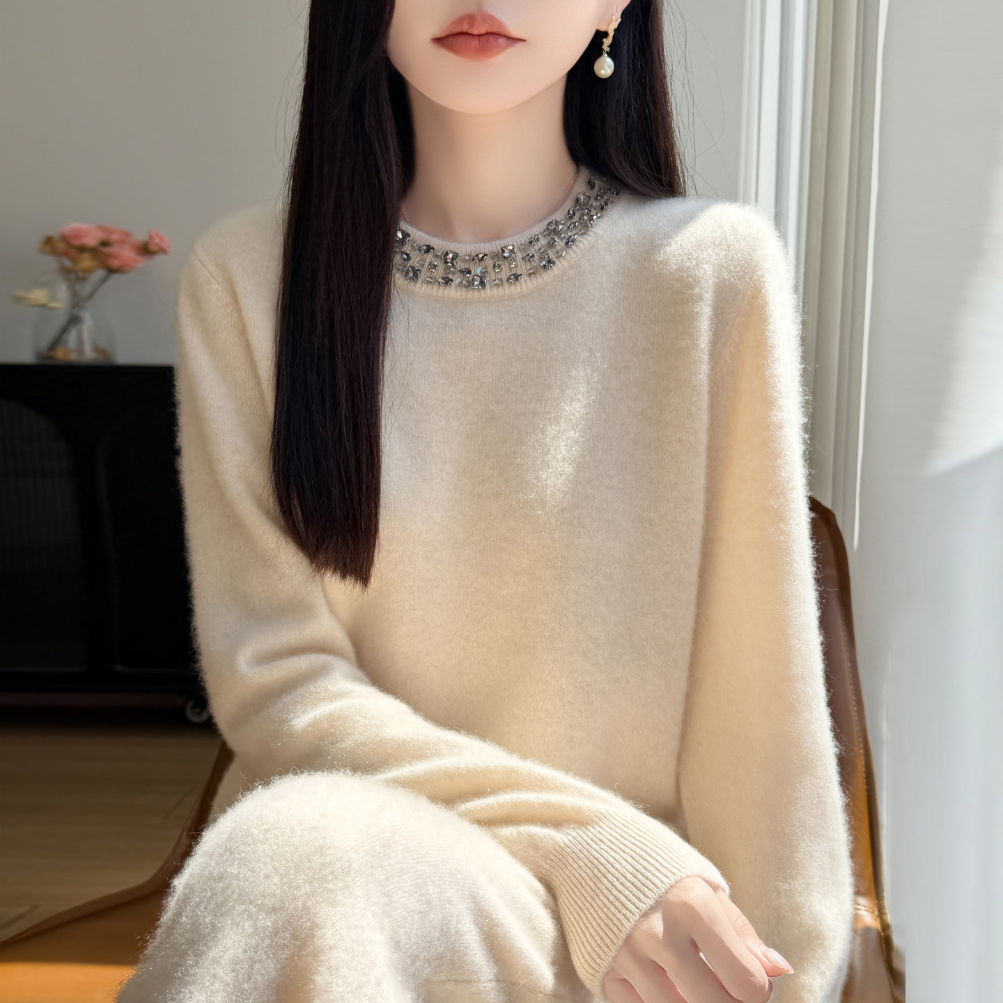 重工镶钻100%羊毛女圆领针织毛衣
