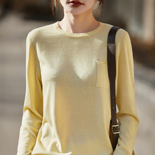 毛衣宽松带兜打底衫 女纯色白色针织长袖 卷边圆领精纺羊毛衫 春秋款