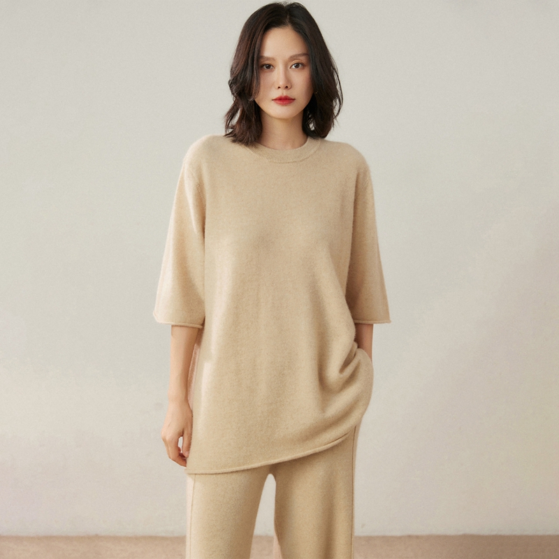 中长款山羊绒衫七分袖女圆领毛衣