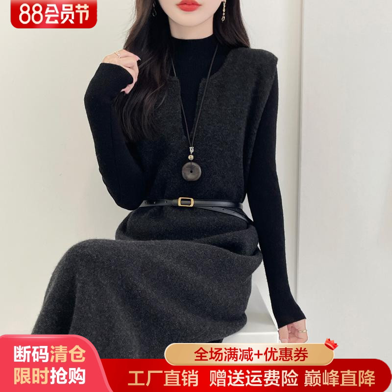 100%纯羊毛连衣裙中长款过膝马甲
