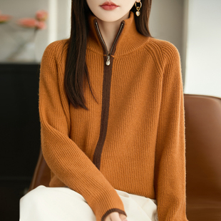 半高领加厚双拉链拼色精纺羊毛开衫女宽松休闲外套长袖针织衫毛衣