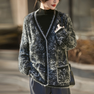 重工拉绒V领拼色加厚100%纯羊毛开衫女水墨提花毛衣宽松羊绒外套
