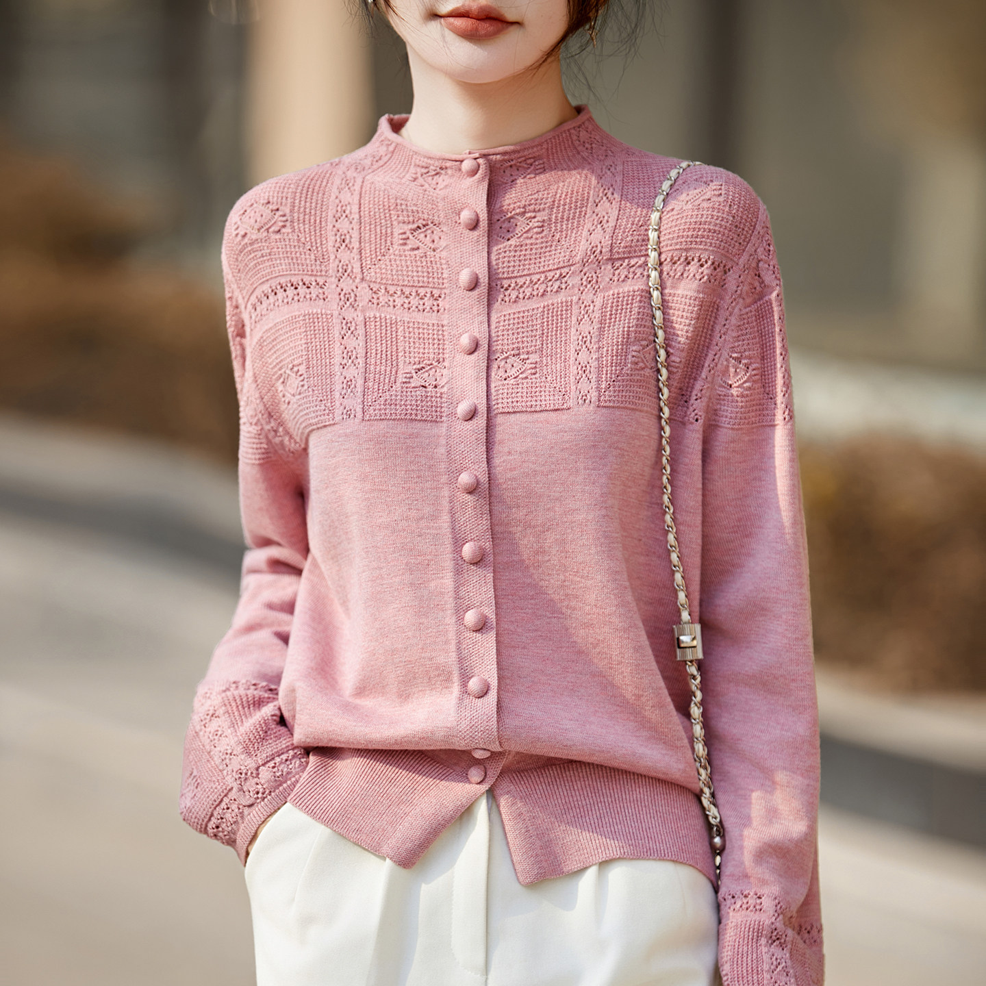 26年新款卷边半高领精纺羊毛开衫女桑蚕丝针织衫毛衣宽松提花外套