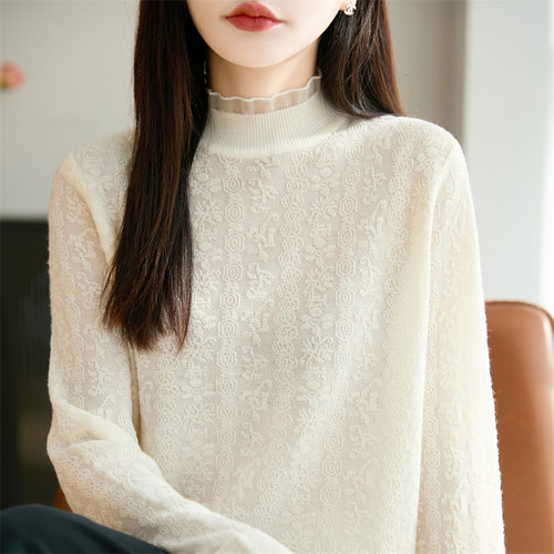 精纺羊毛衫女蕾丝花边半高领毛衣