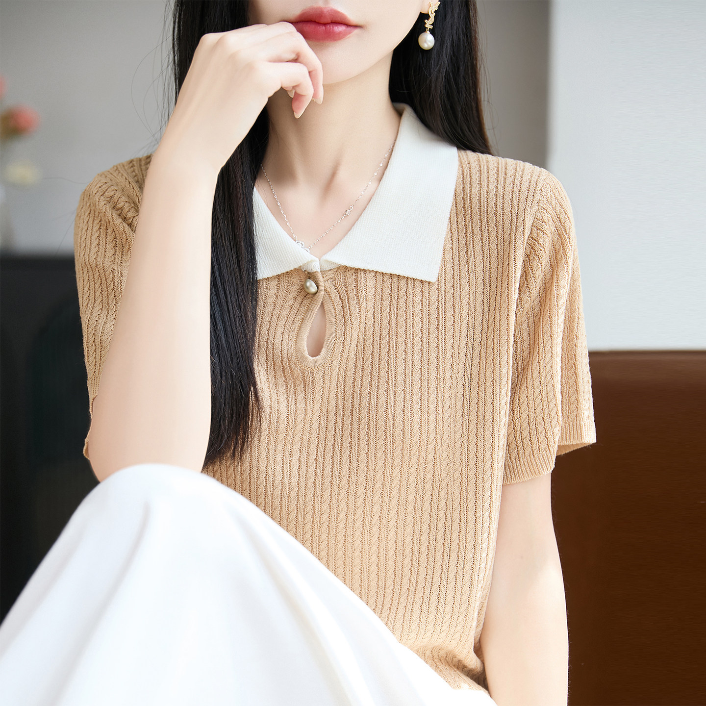 POLO领天丝亚麻针织短袖T恤女拼色麻花纽扣背心上衣宽松半袖打底