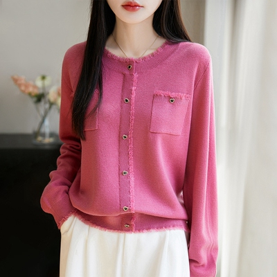 春秋精纺羊毛针织开衫女圆领外套