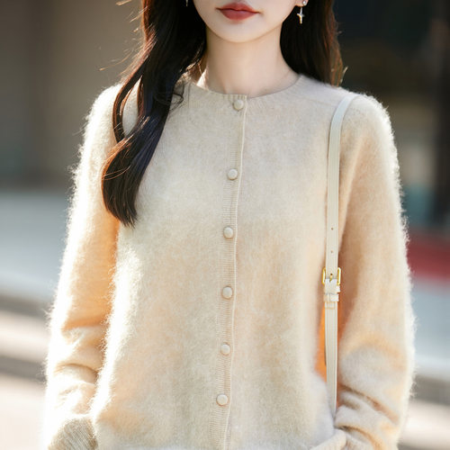 秋冬100%羊毛女圆领拉绒开衫外套