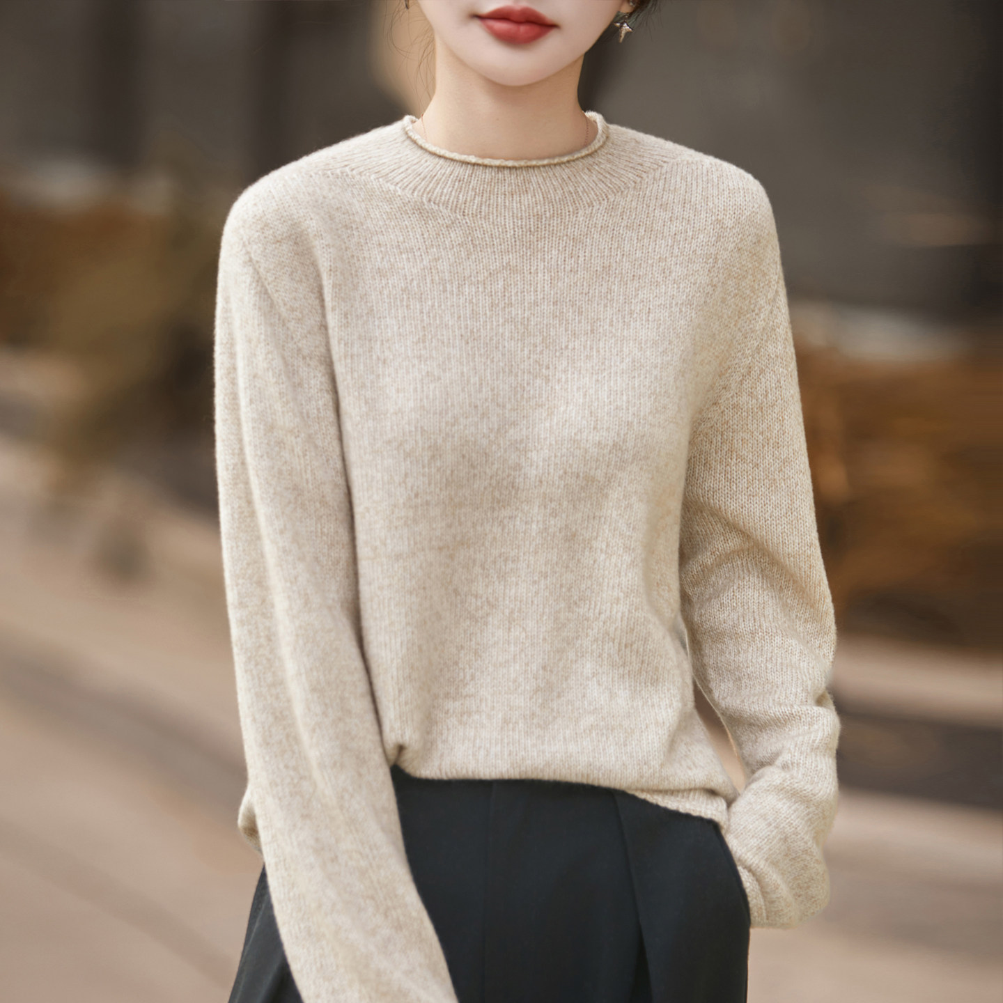 100%纯羊毛衫女圆领宽松打底毛衣