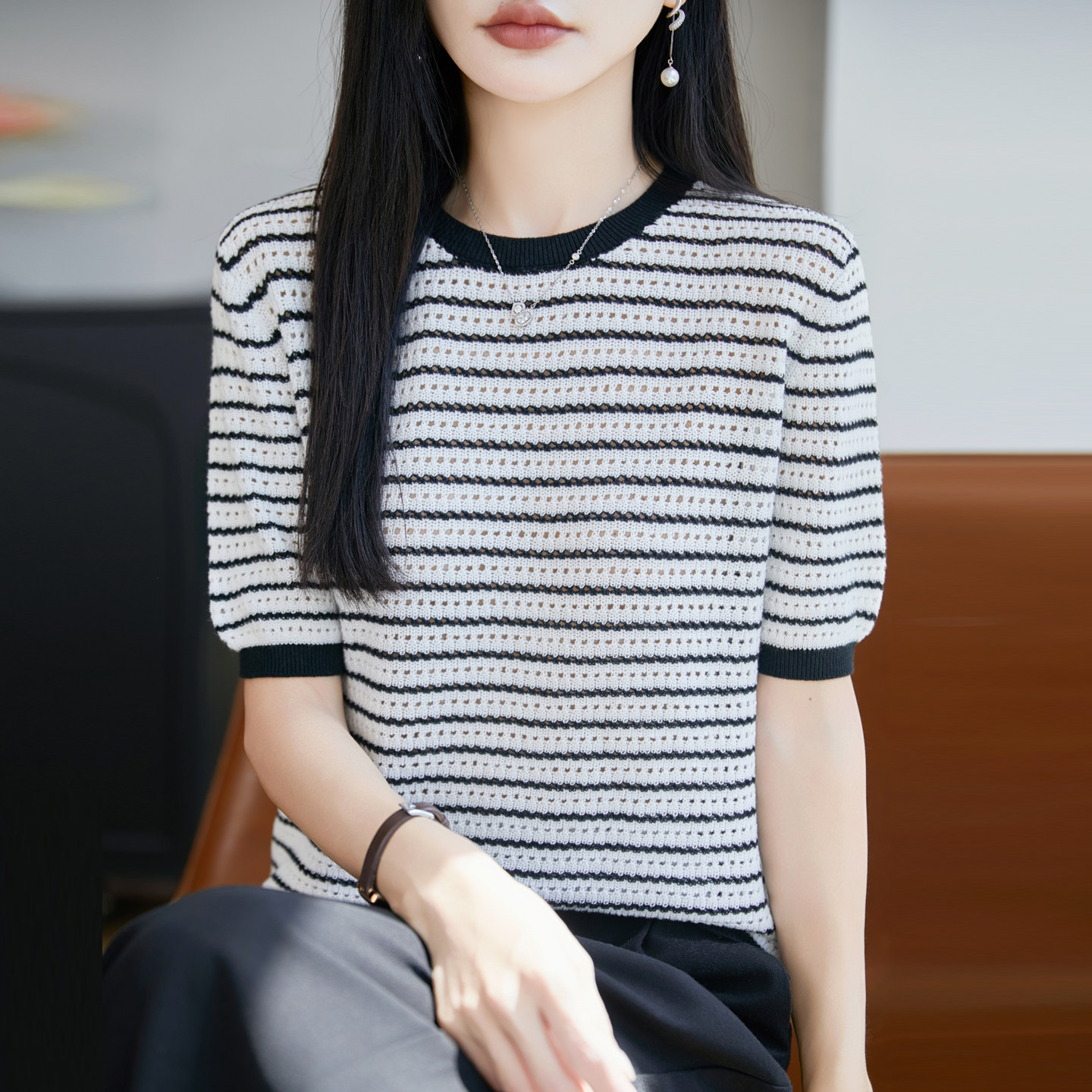 撞色条纹纯棉针织短袖T恤背心