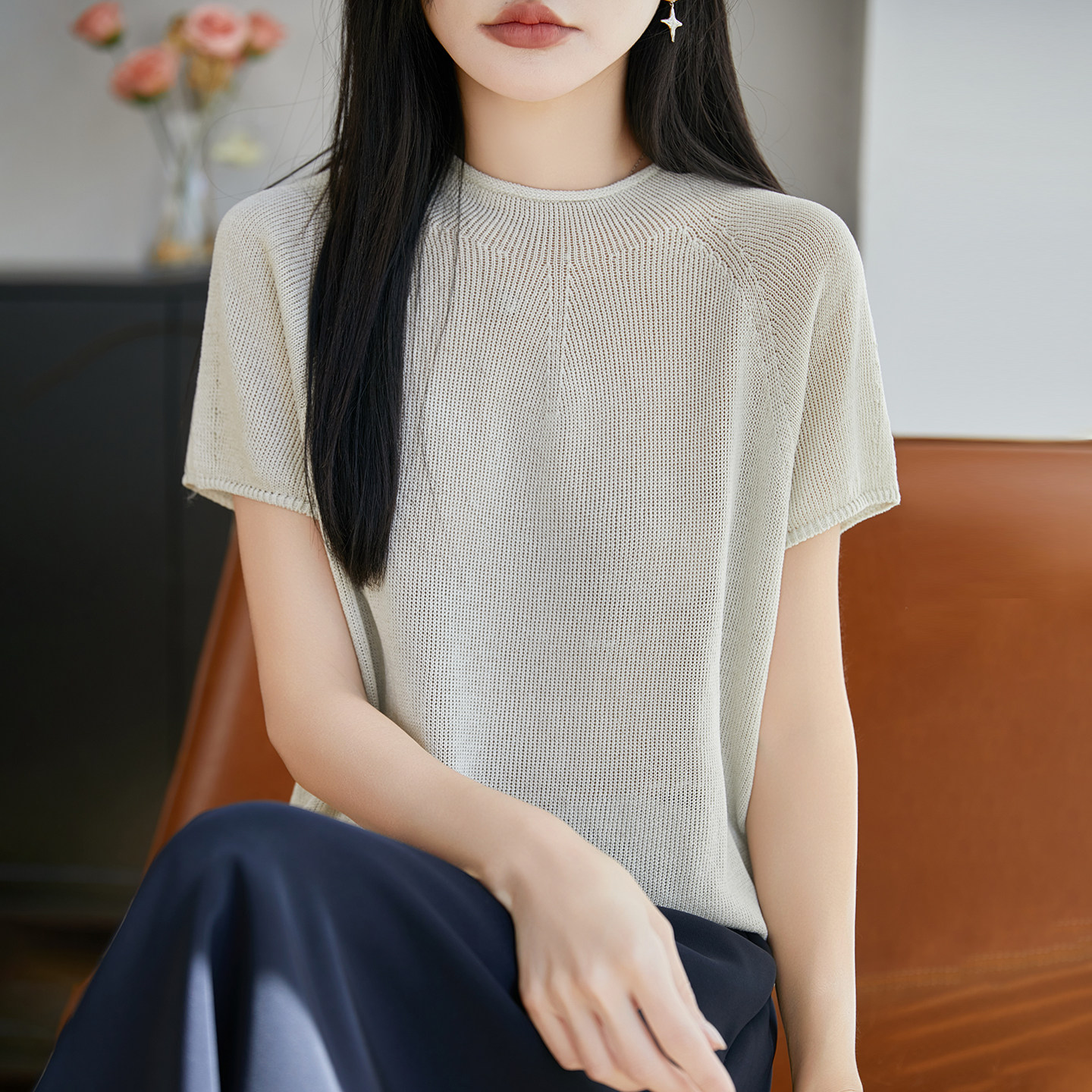 卷边半高领珍珠麻针织短袖T恤女一线成衣无缝半袖上衣宽松打底衫