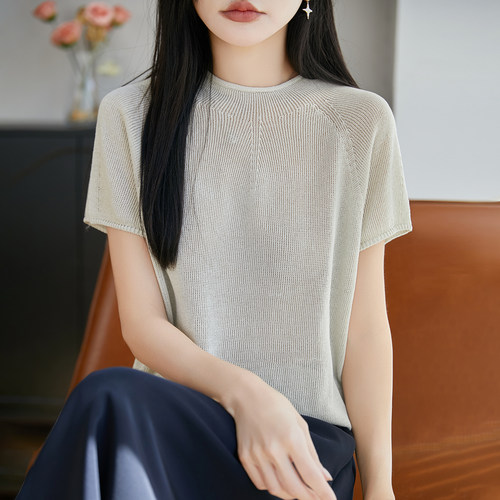 卷边半高领珍珠绒针织短袖T恤衫