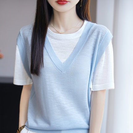 夏季新款V领拼色假两件短袖T恤女竹节麻花针织上衣宽松半袖打底衫