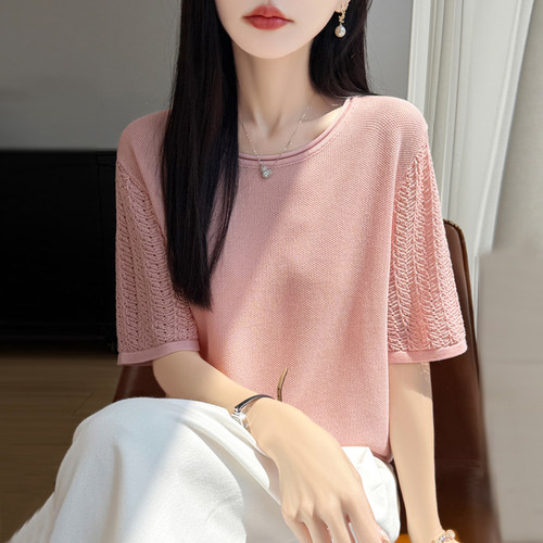 夏季天丝针织镂空宽松短袖女T恤
