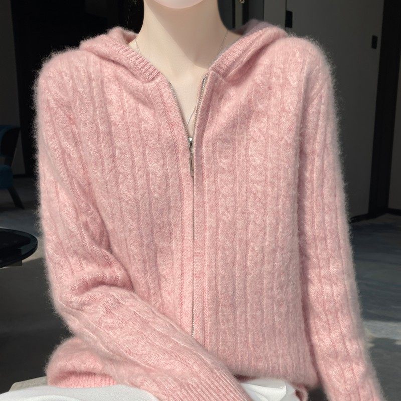 100%纯羊毛衫针织拉链连帽开衫女加厚扭花毛衣宽松羊绒衫外套帽衫