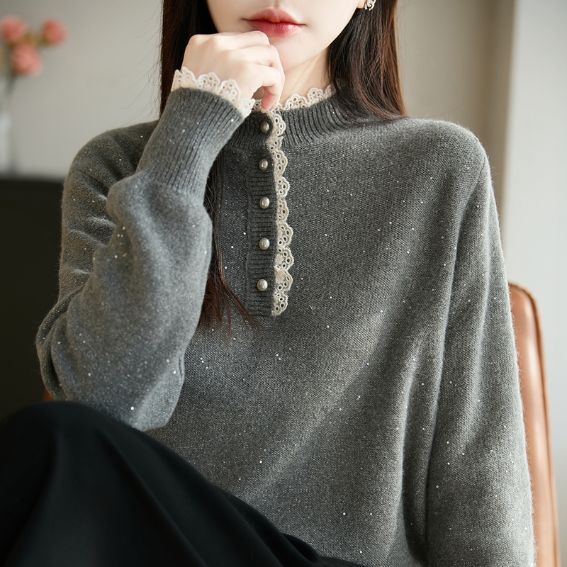 法式蕾丝花边精纺羊毛衫亮片毛衣