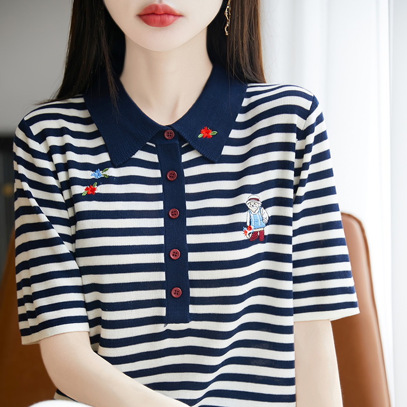 夏季POLO领100%莱赛尔天丝针织五分袖T恤女条纹刺绣短袖打底上衣