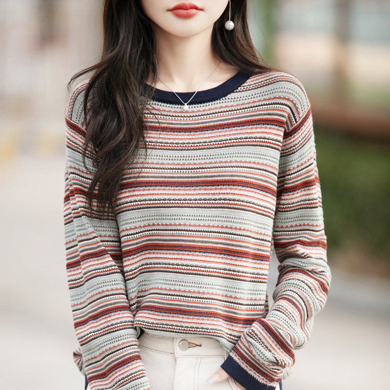 复古条纹提花长袖针织衫女圆领