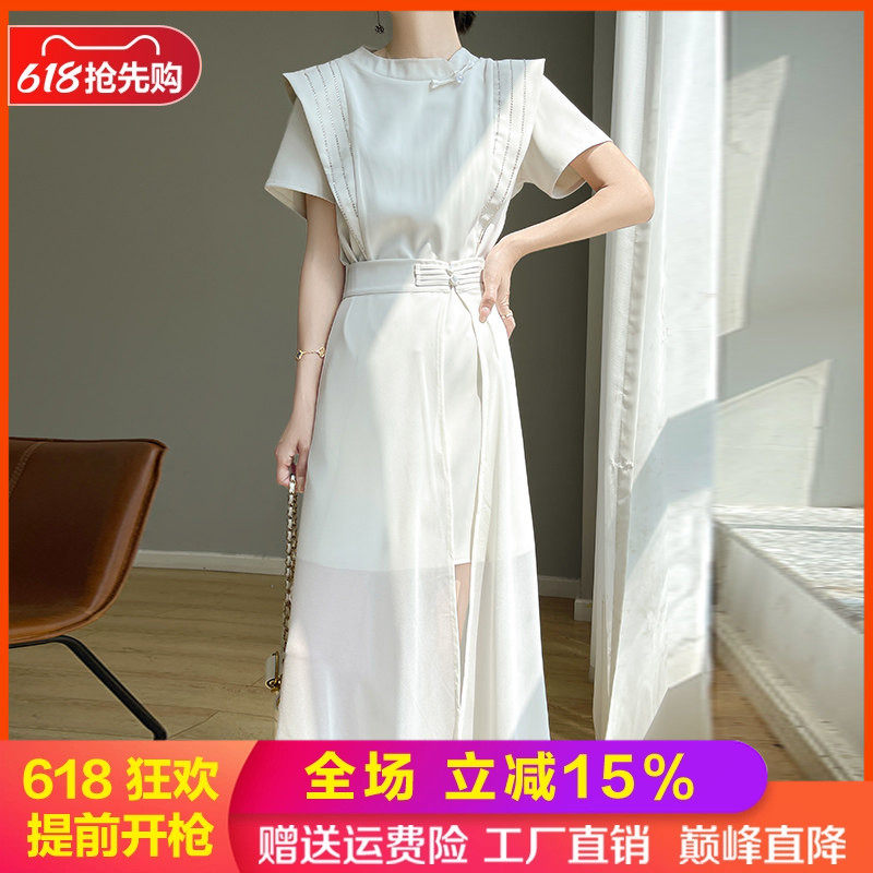 立领盘扣中长款缎面真丝女连衣裙