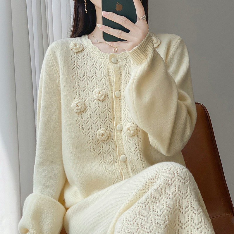 100%纯羊毛衫针织半身裙两件套女圆领镂空绣花毛衣宽松羊绒套装裙