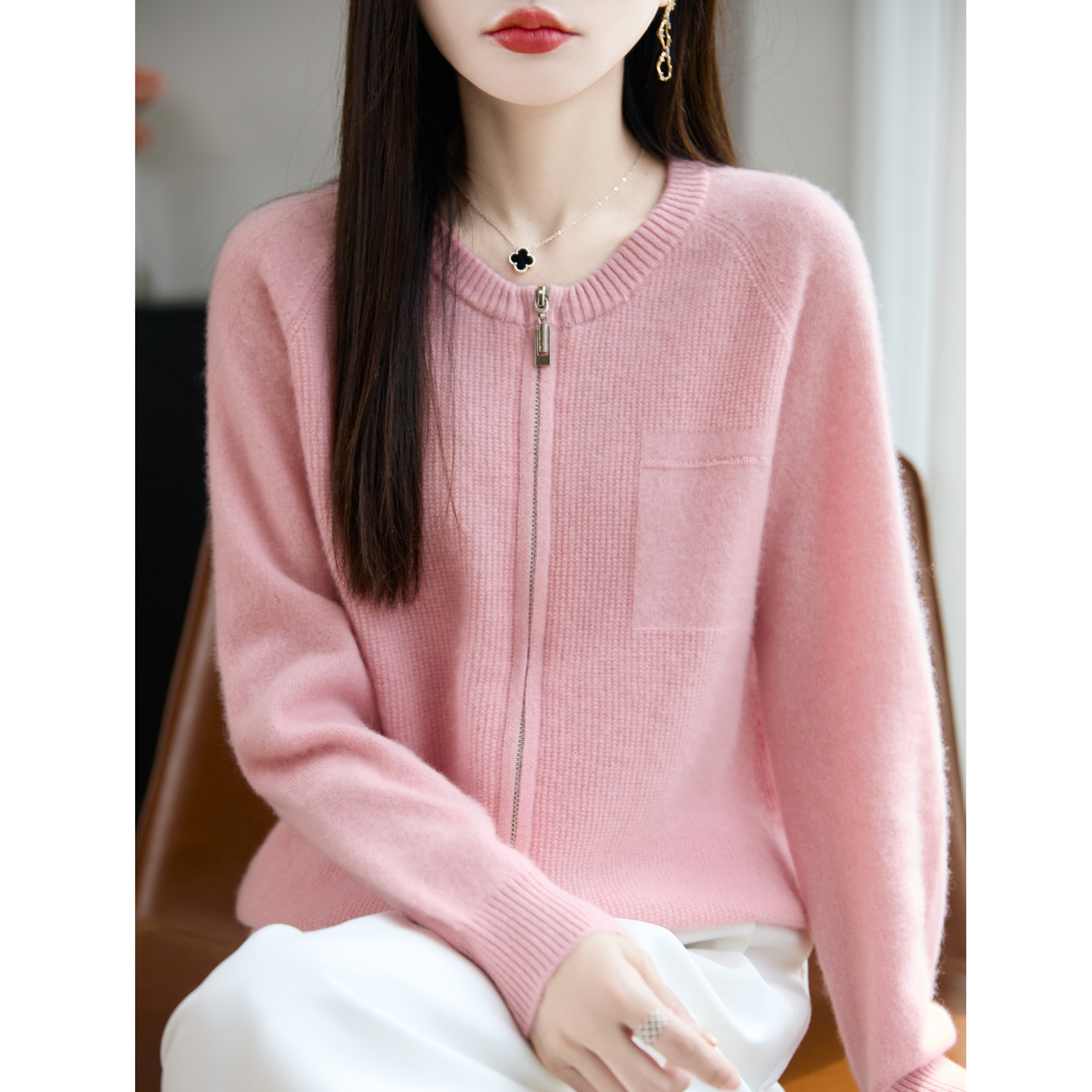 100%纯羊毛衫针织毛衣外套女圆领