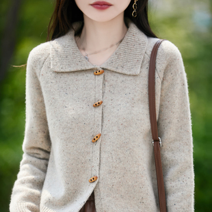 100%纯羊毛开衫女POLO领点子纱针织衫毛衣宽松加厚亮丝外套羊绒衫