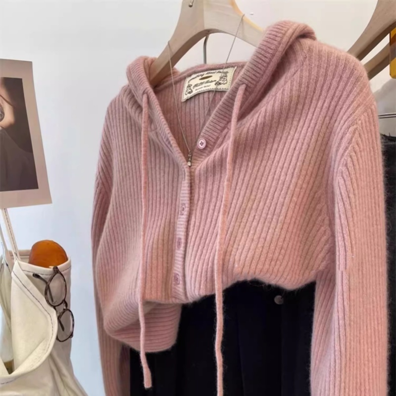 100%纯羊毛针织帽衫坑条连帽毛衣