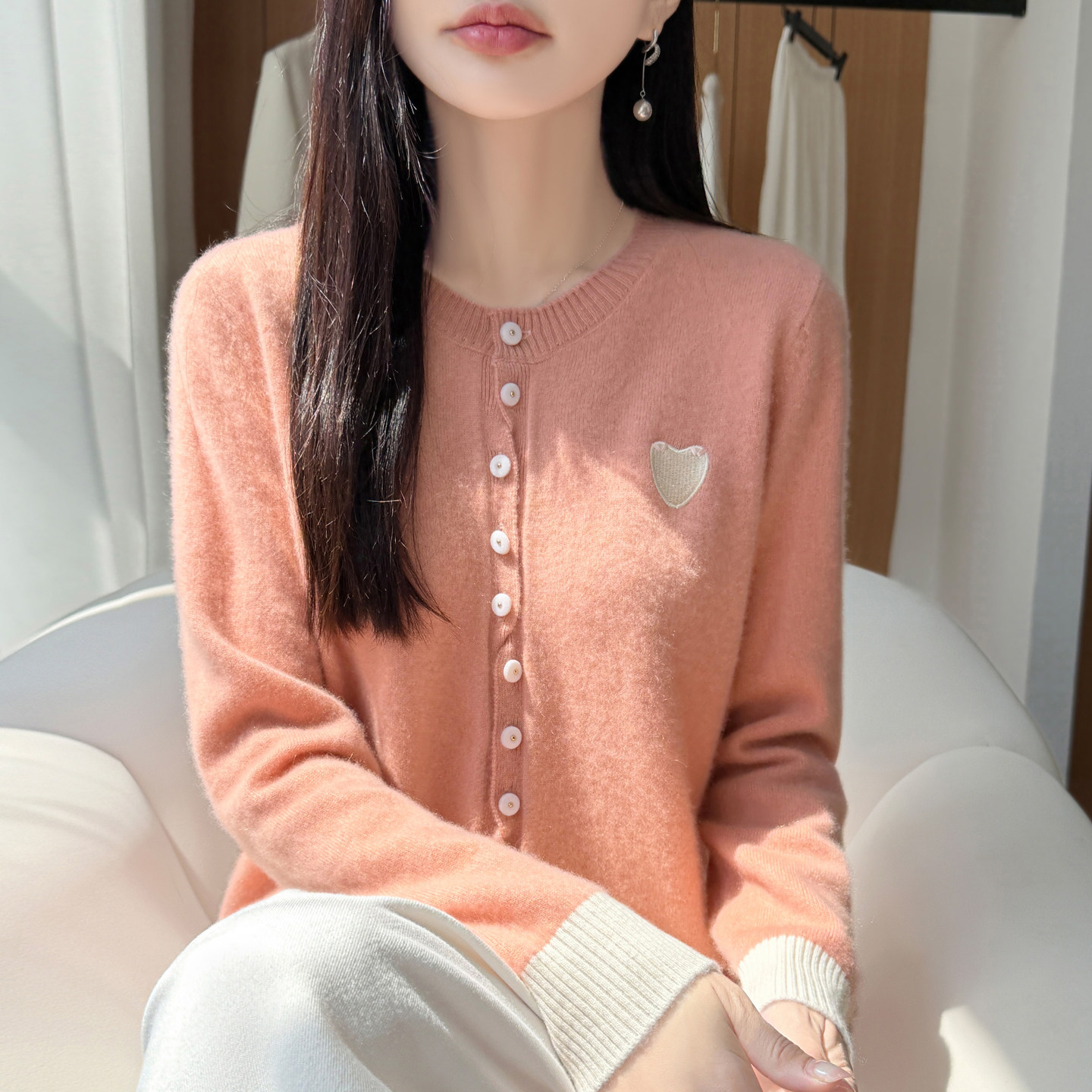 100%纯羊毛衫女爱心拼色针织开衫