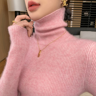 2025秋冬加厚堆堆领坑条山羊绒衫女纯色针织打底衫修身显瘦羊毛衫