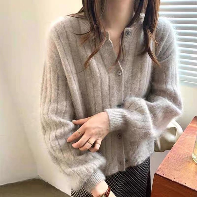 慵懒风圆领100% 纯羊毛开衫女宽松软糯坑条针织衫毛衣羊绒衫外套