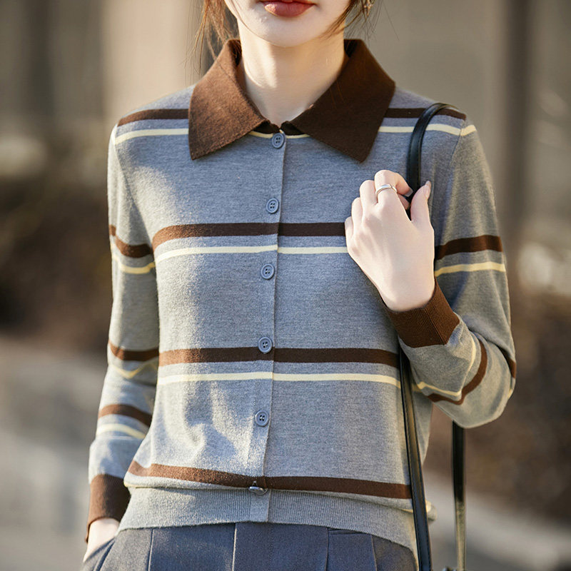 复古撞色条纹POLO领精纺羊毛针织开衫女宽松长袖外套毛衣休闲上衣