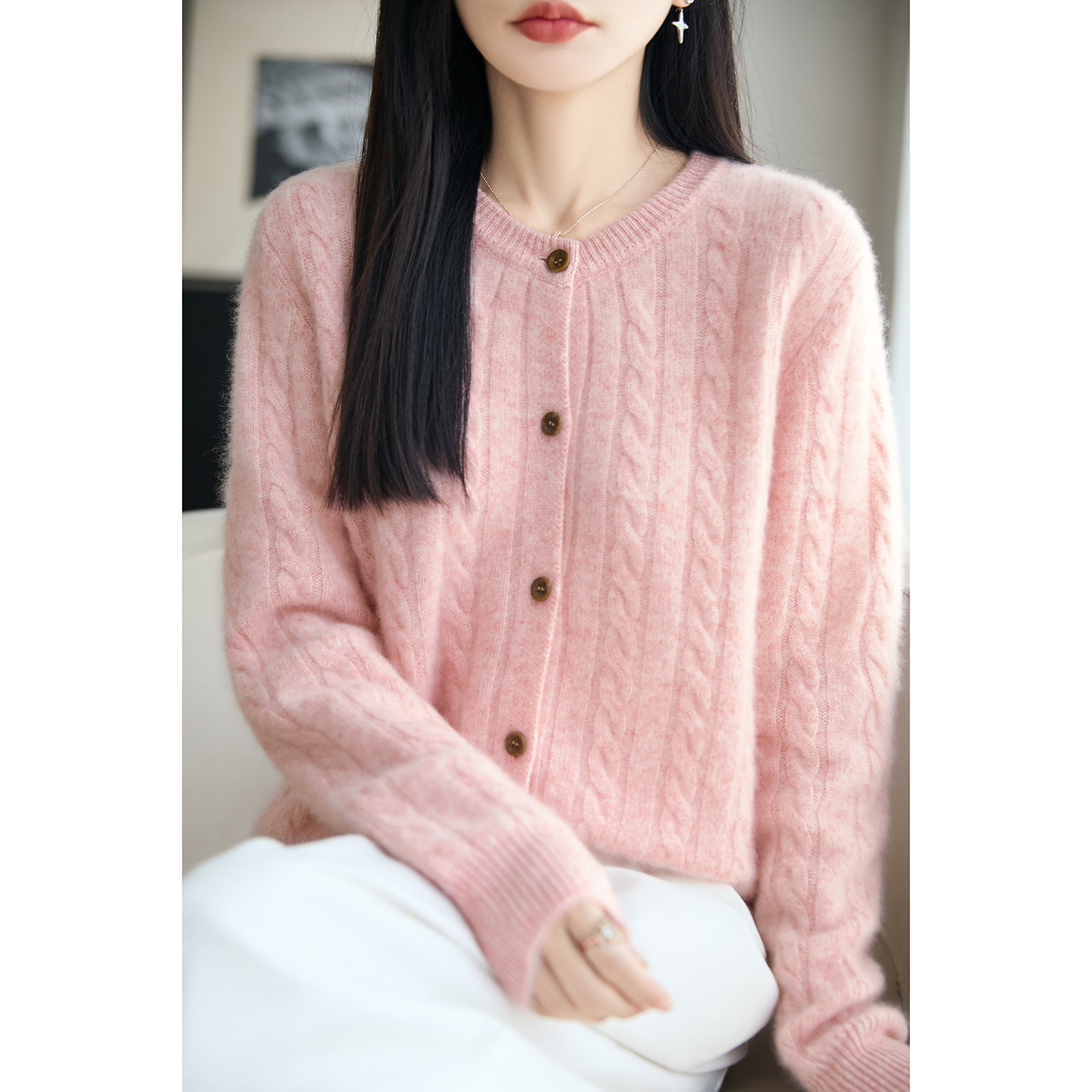宽松100%羊毛加厚针织开衫女外套