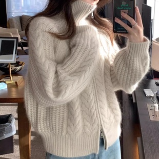 高领加厚宽松慵懒100%纯羊毛开衫女双拉链绞花毛衣宽松羊绒衫外套