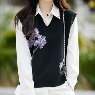 V领100%纯羊毛针织马甲女立体提花毛衣背心宽松叠穿羊绒坎肩上衣