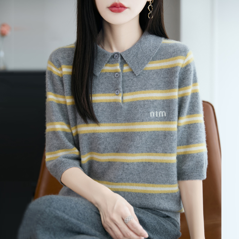 100%纯羊毛衫针织五分袖女翻领条纹拼色短袖毛衣宽松羊绒半袖打底