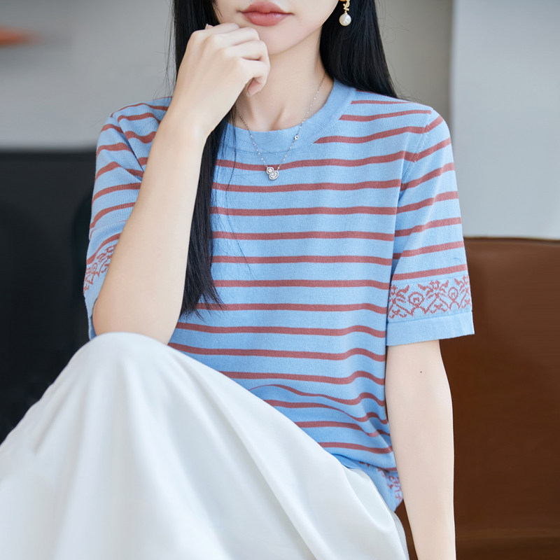 纯棉针织女短袖T恤复古条纹背心