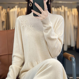 中长款100%羊绒衫半高领重工绣花竹叶连衣裙女宽松羊毛衫过膝长裙