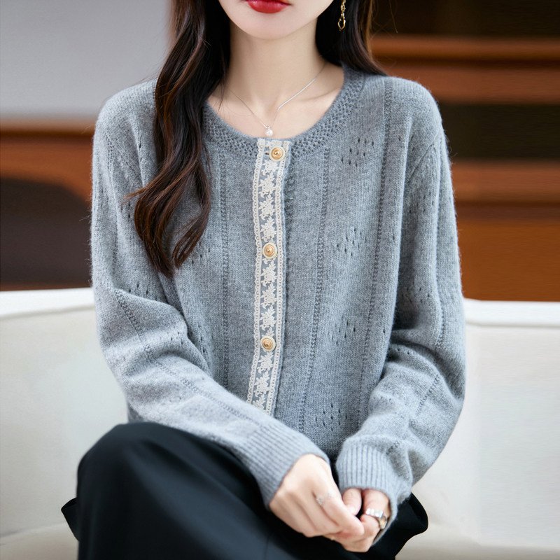 法式蕾丝花边精纺羊毛开衫女外套