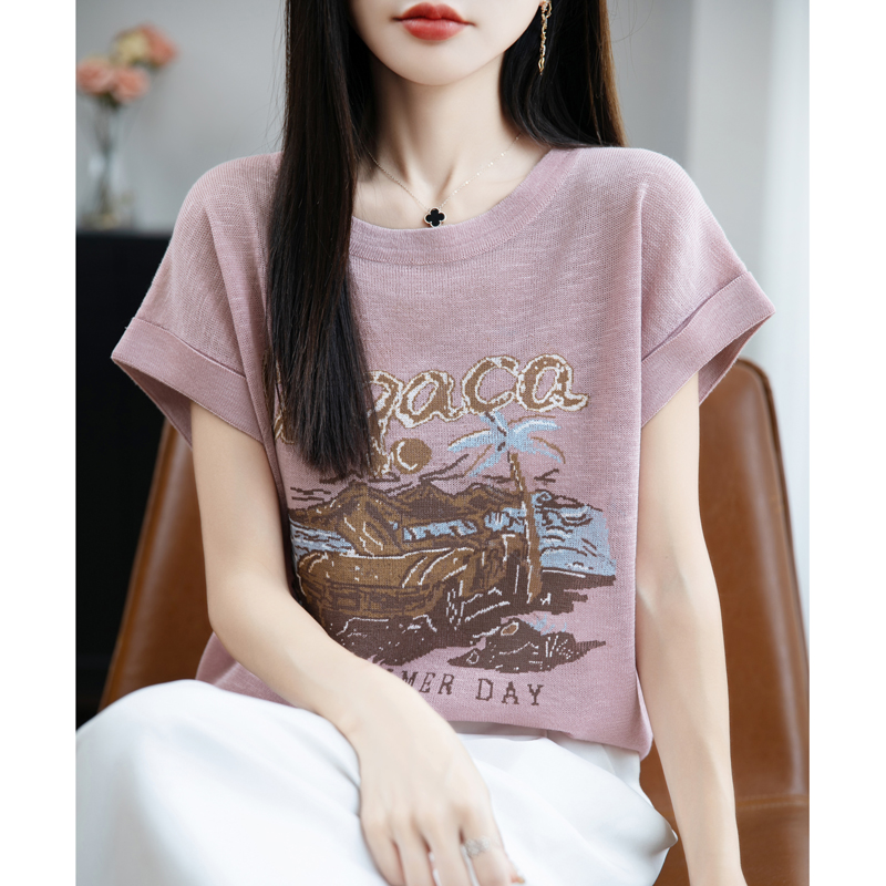 25夏季竹节麻拼色针织短袖T恤女圆领提花半袖上衣宽松短款打底衫