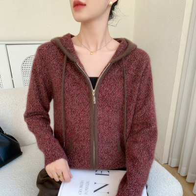 山羊绒拉链连帽开衫加厚花纱外套