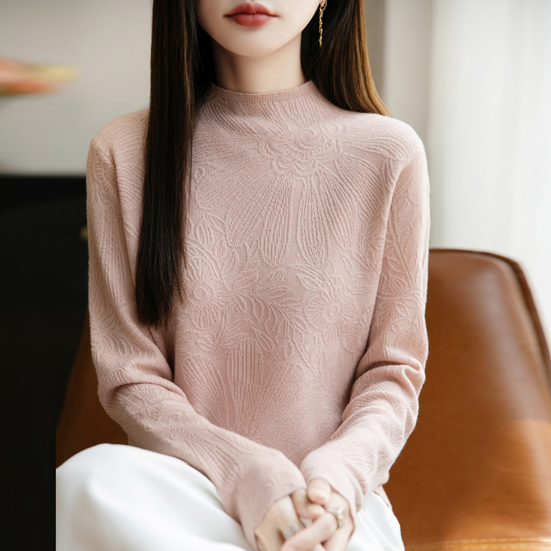 半高领精纺羊毛衫针织毛衣女立体提花长袖上衣宽松气质显瘦打底衫