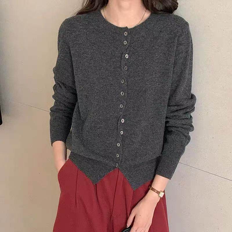 100%纯羊毛开衫女圆领多扣针织毛衣外套宽松慵懒风羊绒衫长袖上衣