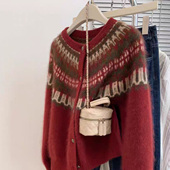 复古费尔岛提花100%纯羊毛开衫 女圆领加厚拼色毛衣宽松羊绒衫 外套