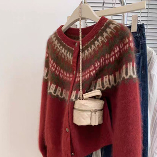 复古费尔岛提花100%纯羊毛开衫女圆领加厚拼色毛衣宽松羊绒衫外套