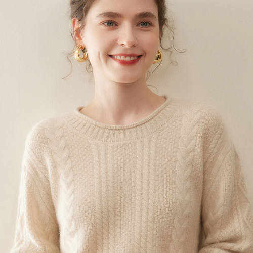 重磅三股加厚圆领绞花山羊绒衫