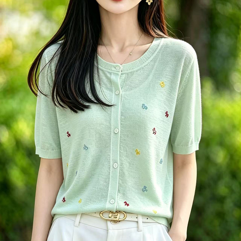 夏季竹节麻针织马刺绣拼色女T恤