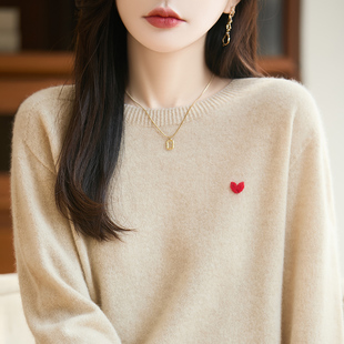 25秋冬100%纯羊毛衫 女圆领爱心刺绣针织毛衣宽松拼色打底羊绒上衣