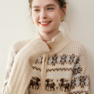 复古费尔岛提花山羊绒开衫女加厚半高领双拉链毛衣宽松羊毛衫外套