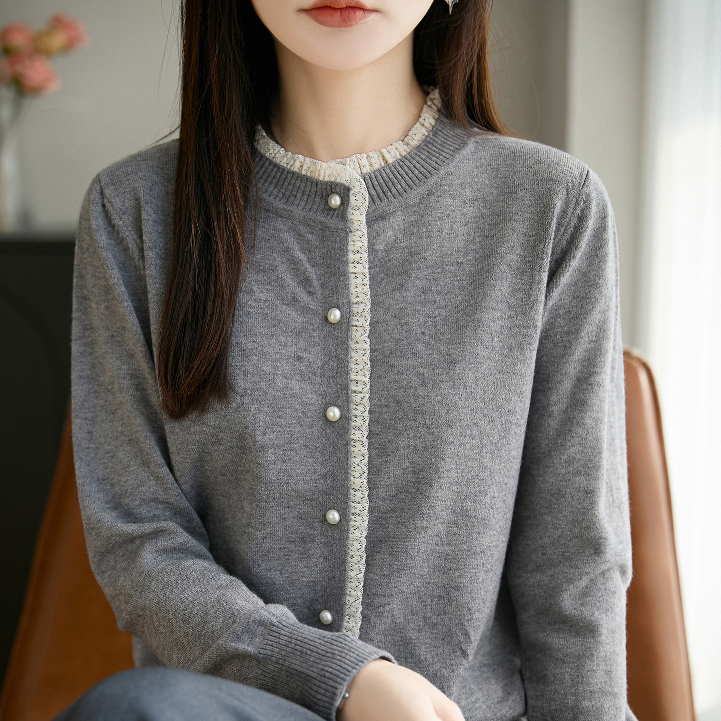 小香风拼色精纺羊毛蕾丝开衫外套